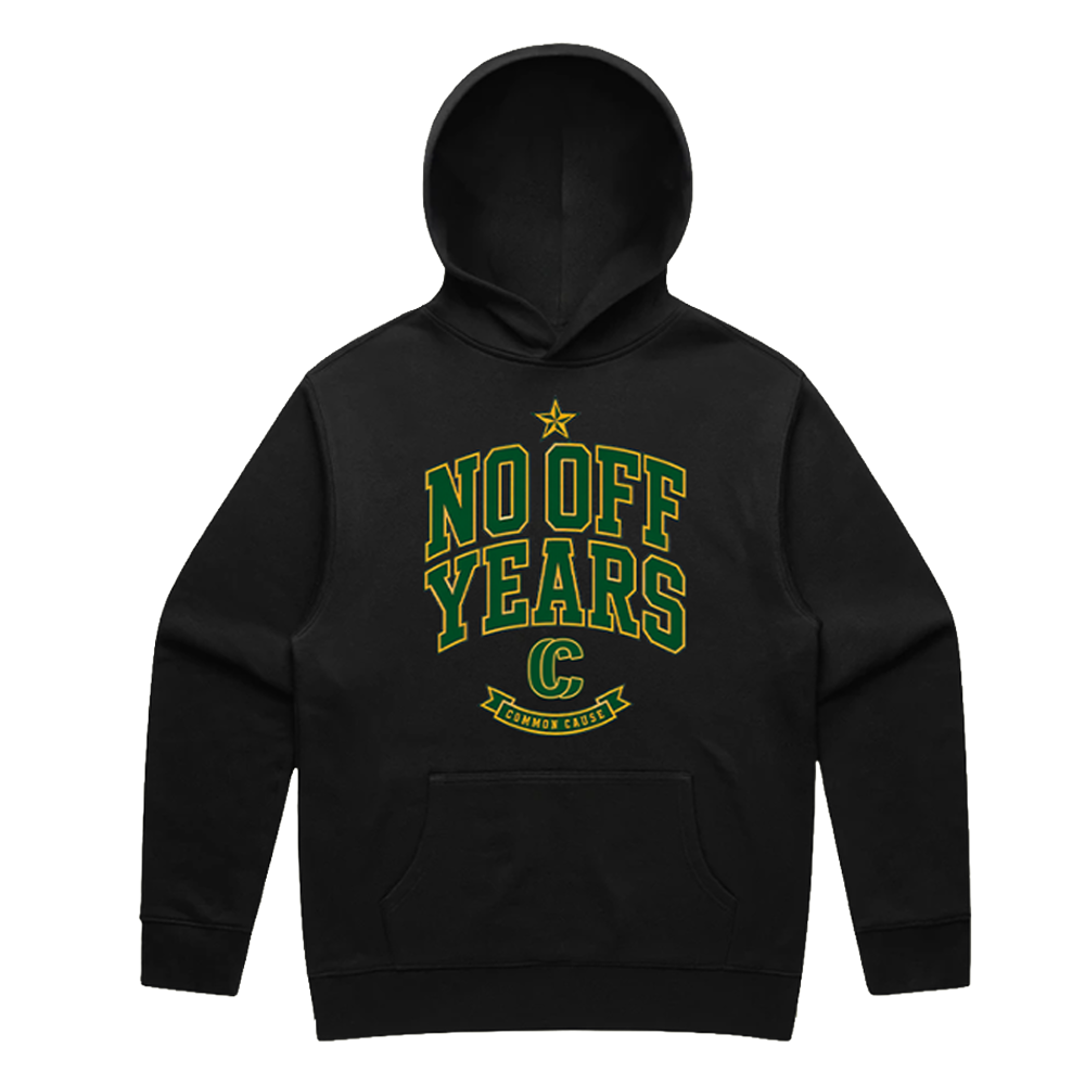 A black pullover hoodie with a green and gold graphic on the chest reading 'NO OFF YEARS' with a star and banner detail, shown on a plain white background.