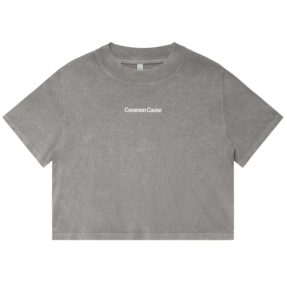A heather gray short-sleeve crop top t-shirt with 'Common Cause' printed in white text on the chest, displayed flat against a solid white background.