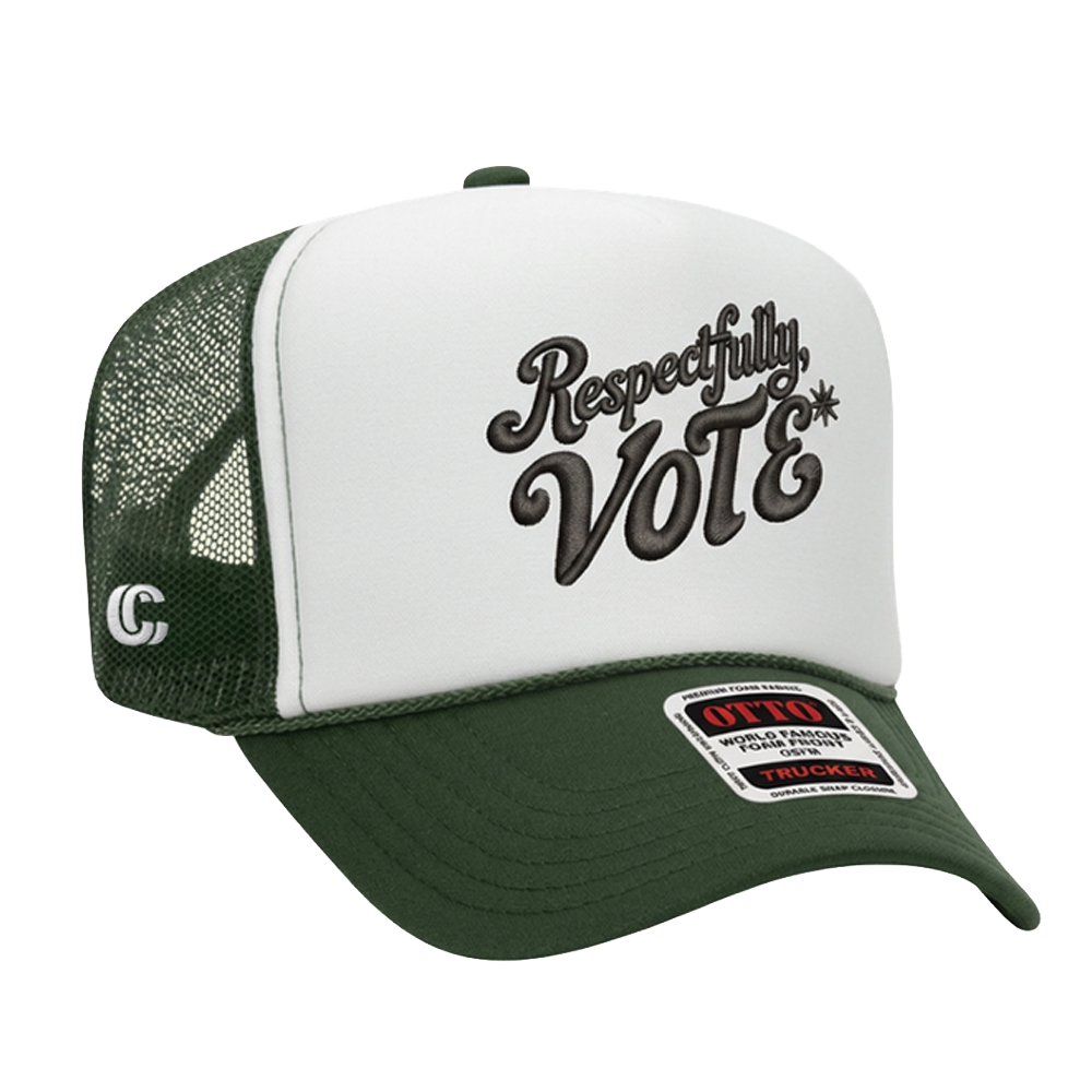 A green and white trucker hat with 'Respectfully, Vote' embroidered on the front panel, featuring a dark green mesh back and a matching green visor.