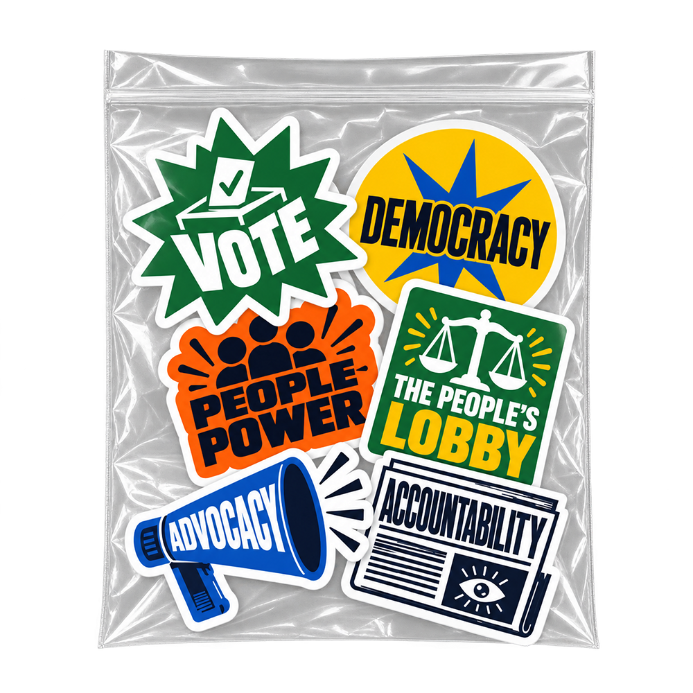 A set of six political and civic-themed stickers displayed inside a clear plastic bag. The stickers feature bold designs with the words 'VOTE', 'DEMOCRACY', 'PEOPLE POWER', 'THE PEOPLE'S LOBBY', 'ADVOCACY', and 'ACCOUNTABILITY' in green, yellow, orange, blue, and black.
